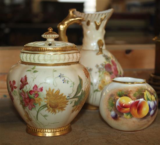 3 Royal Worcester items: a pot pourri vase, a jug & a fruit painted vase